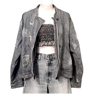 Free People Elijah Distressed Lightweight Oversized Denim Bomber Jean Jacket